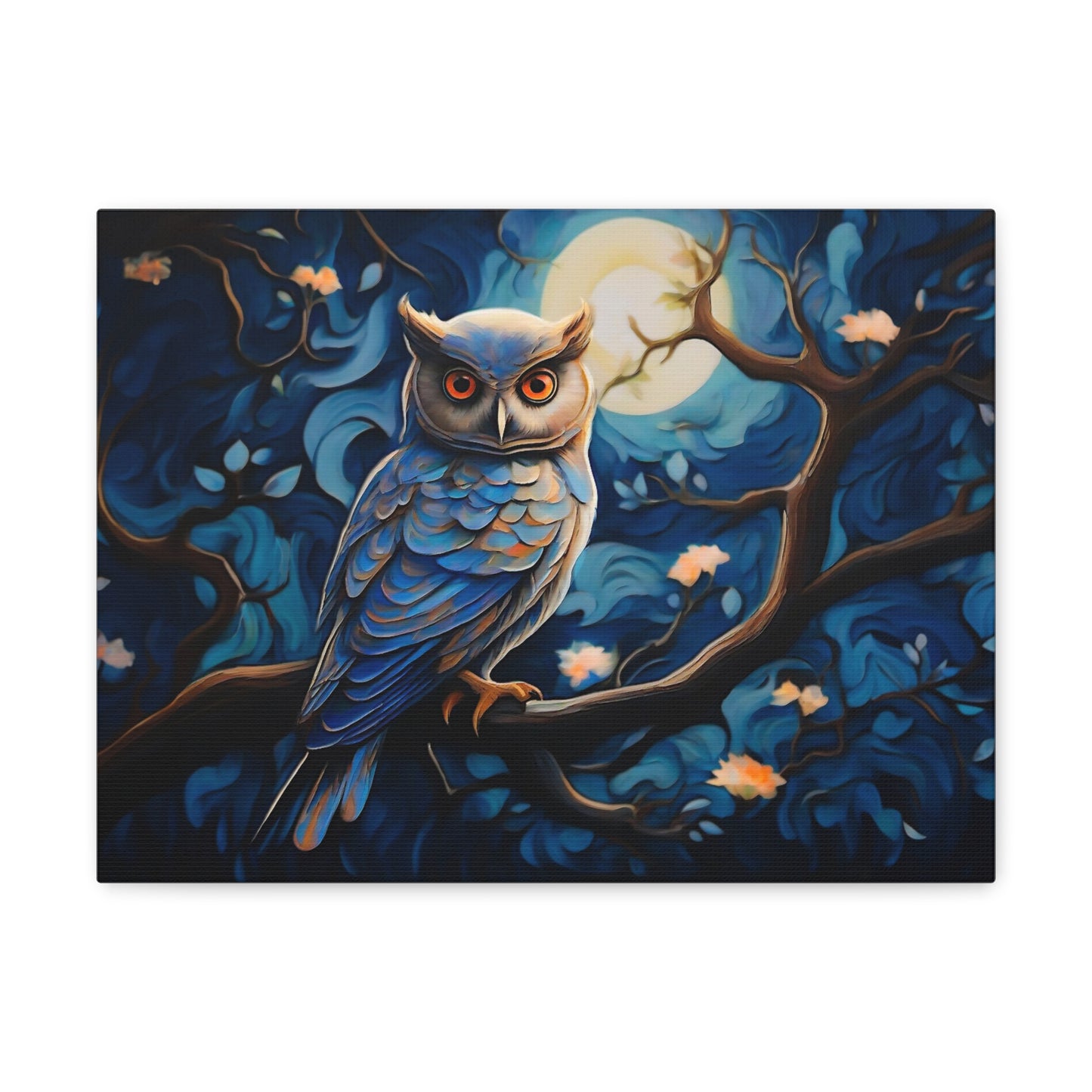 An illustration of a majestic blue owl perched on a moonlit tree branch captures the essence of its serene and captivating beauty. (Owl08)