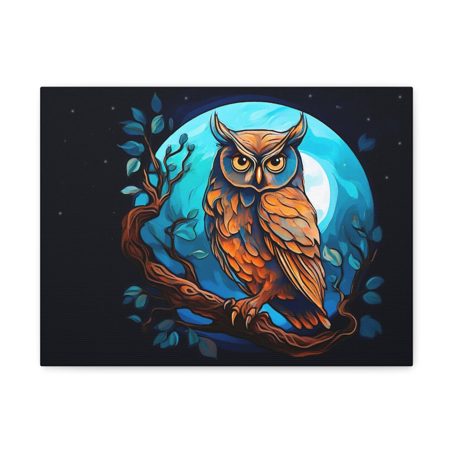 A painting featuring a night owl perched on a tree branch, painted with a fairy tale style as a dark amber and azure illustration. (Owl07)