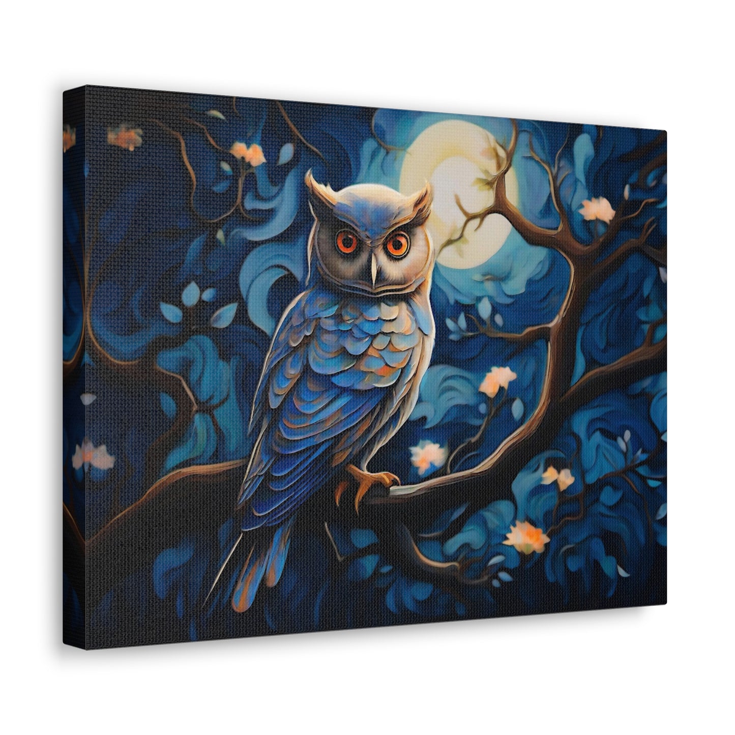 An illustration of a majestic blue owl perched on a moonlit tree branch captures the essence of its serene and captivating beauty. (Owl08)