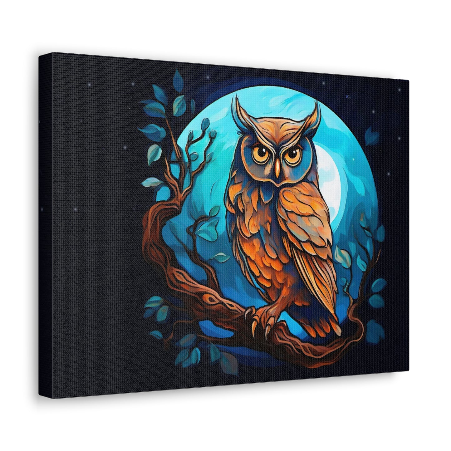 A painting featuring a night owl perched on a tree branch, painted with a fairy tale style as a dark amber and azure illustration. (Owl07)